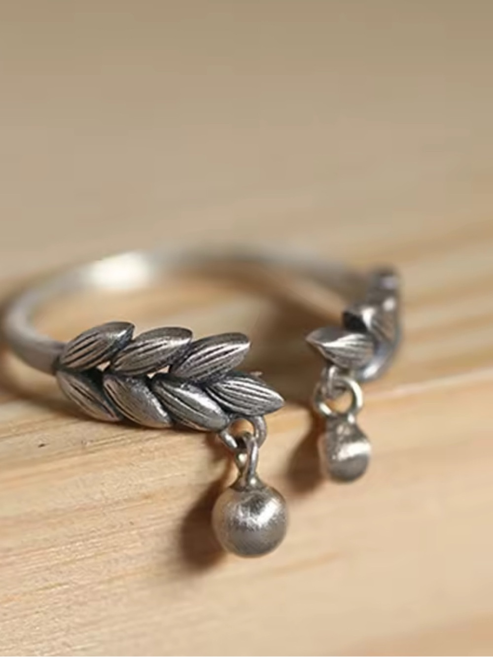 Sterling Silver Leaf Wrap Ring with Dangle Accent